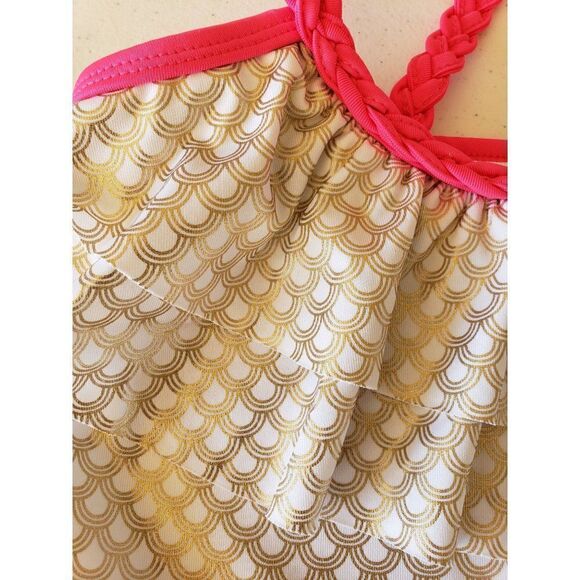 Girls Tankini Criss Cross Halter Ruffle Pink Gold Scallops Swim Top Large NWT - Picture 7 of 9